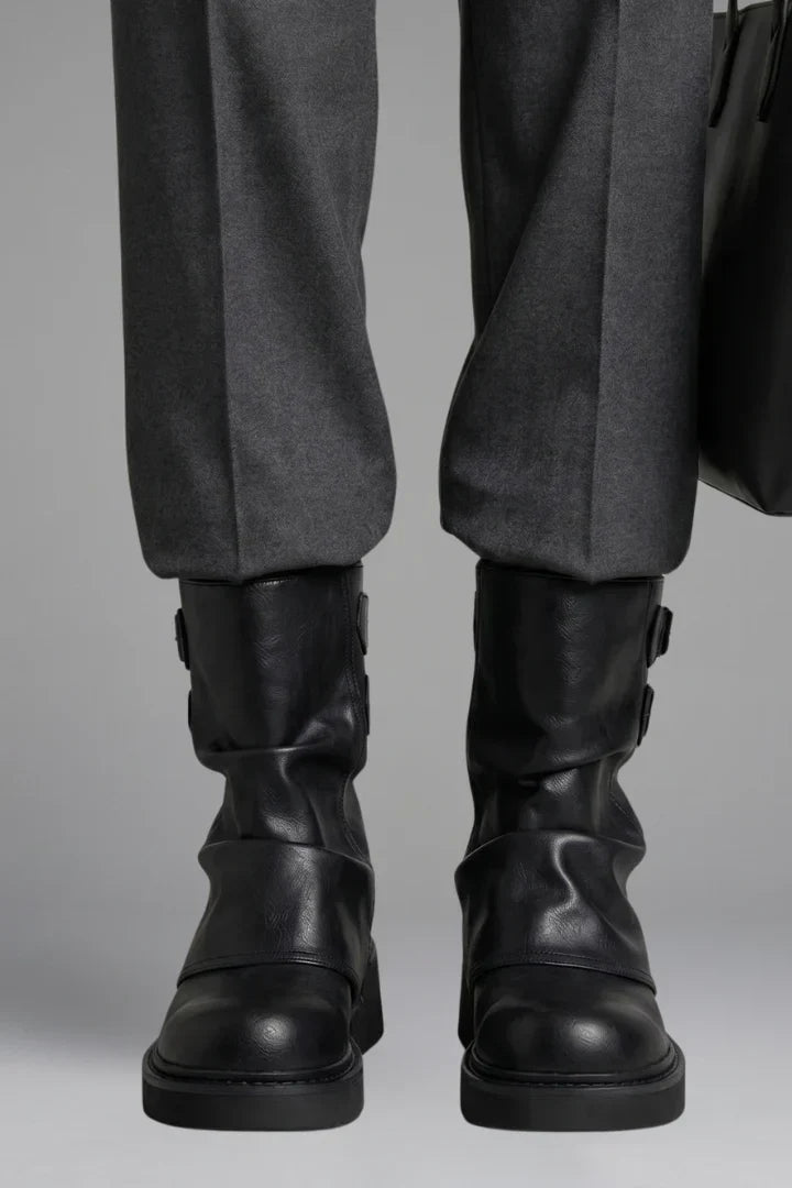 Comfortable Wide Calf Boots for Women with Fold Over Cuff Buckle Block Heel Mid Calf Style