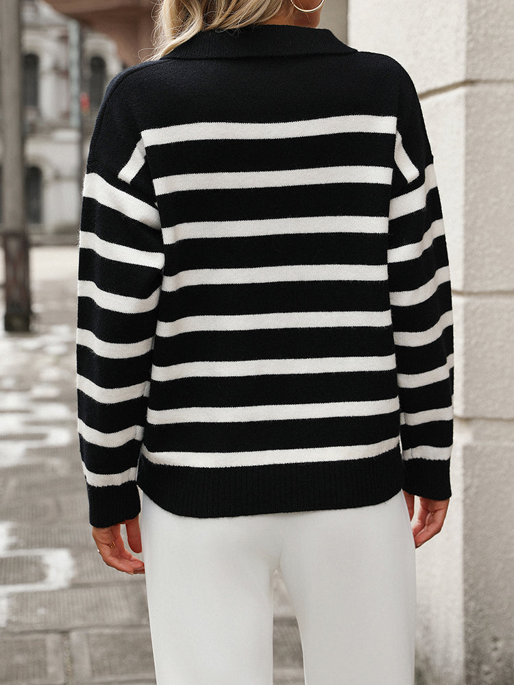 Coraline | Women's Striped V-Neck Collared Sweater
