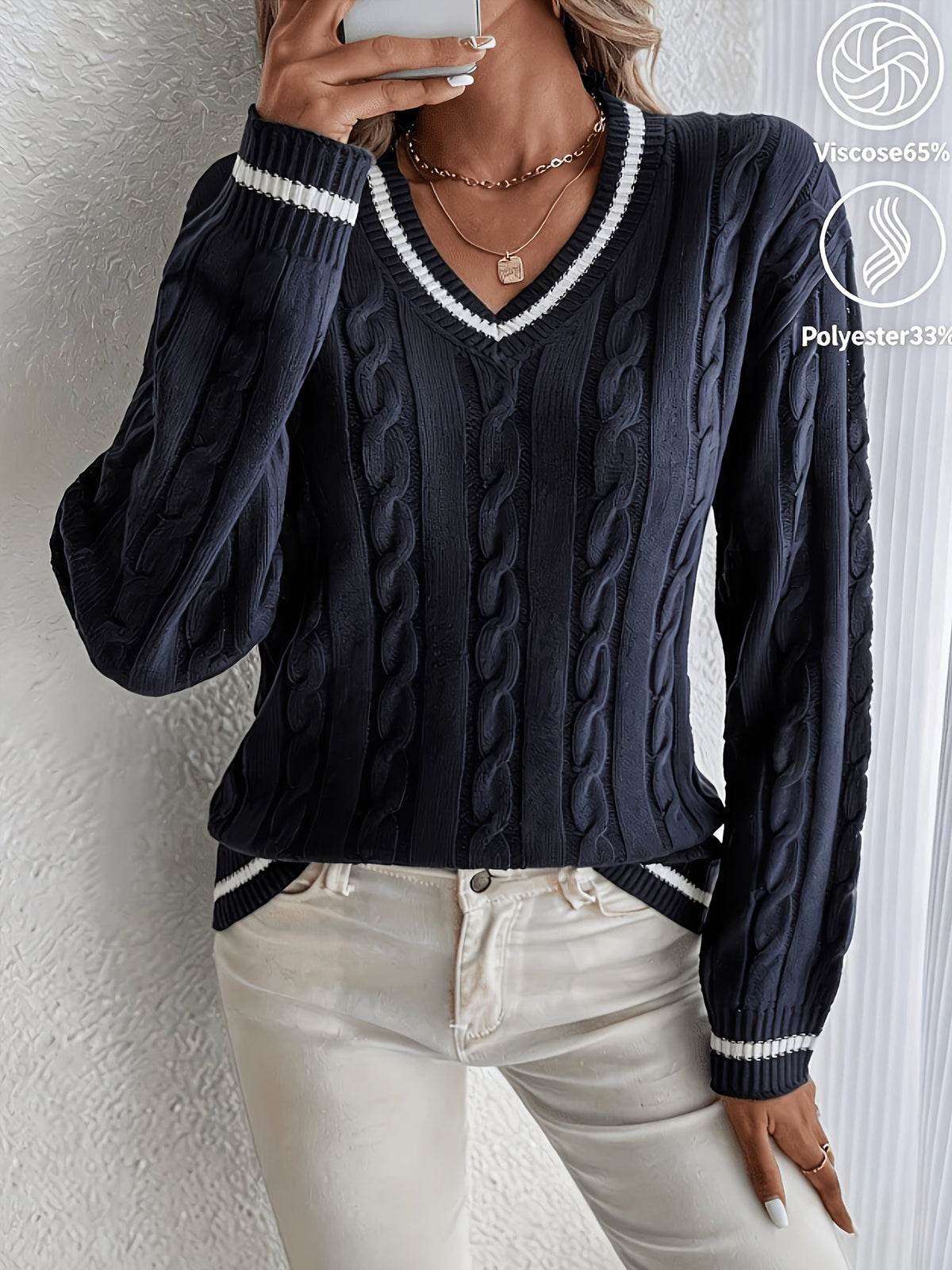 Cordelia | Women's Oversized V-Neck Striped Trim Cable Knit Sweater