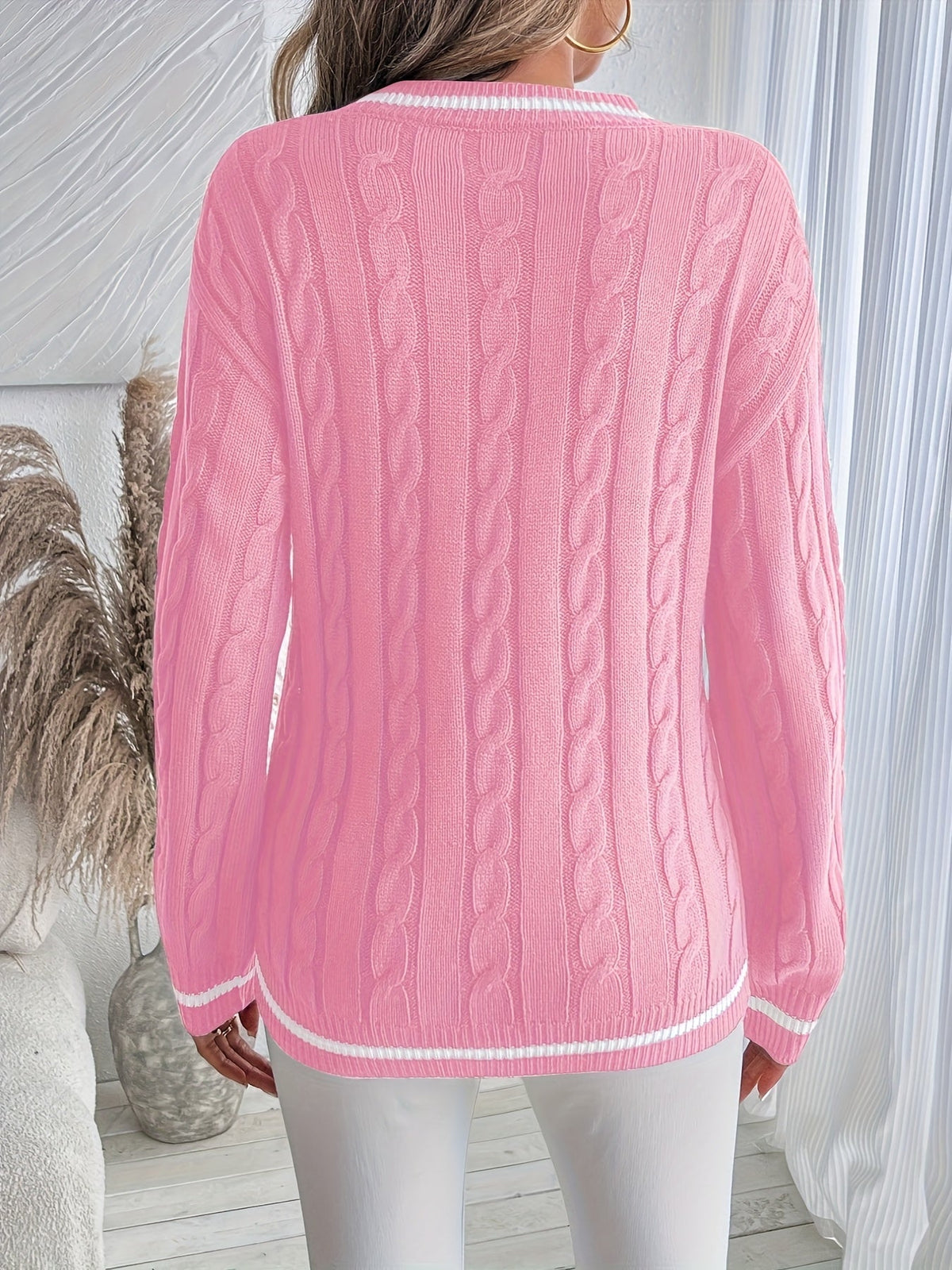 Cordelia | Women's Oversized V-Neck Striped Trim Cable Knit Sweater