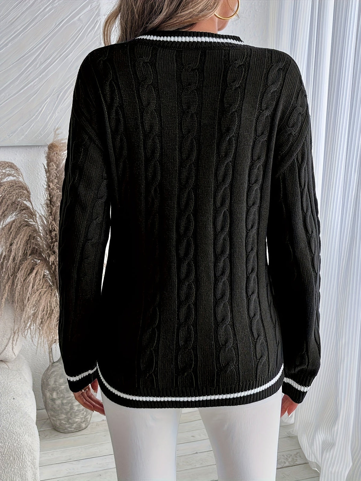 Cordelia | Women's Oversized V-Neck Striped Trim Cable Knit Sweater