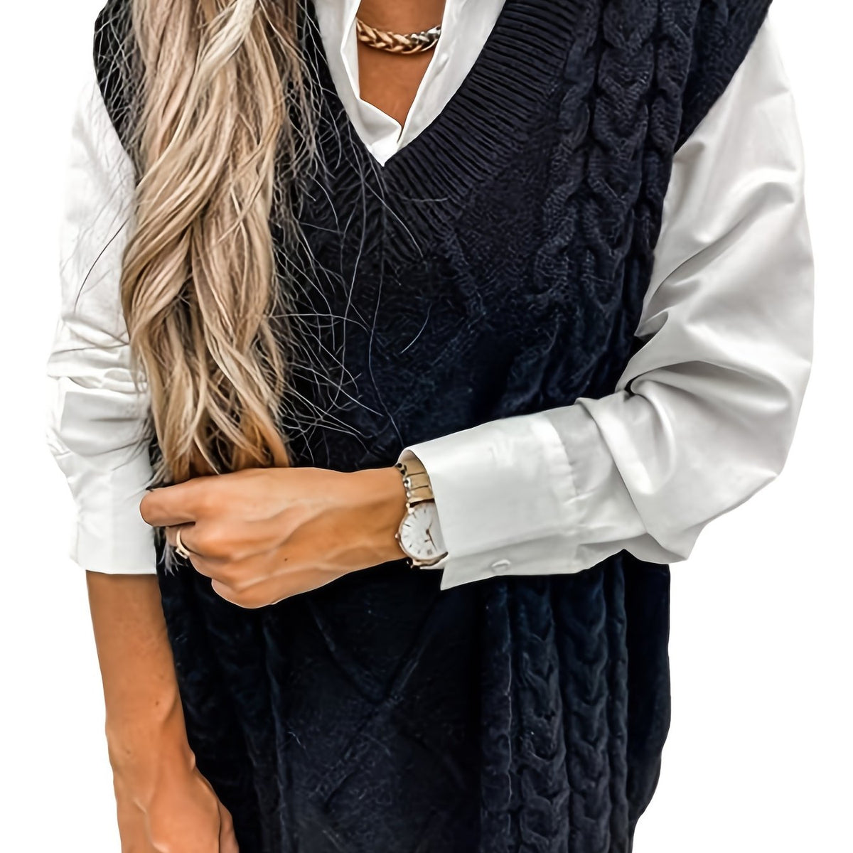 Cozy Cable Knit Sweater Vest for Women with V Neck and Oversized Fit
