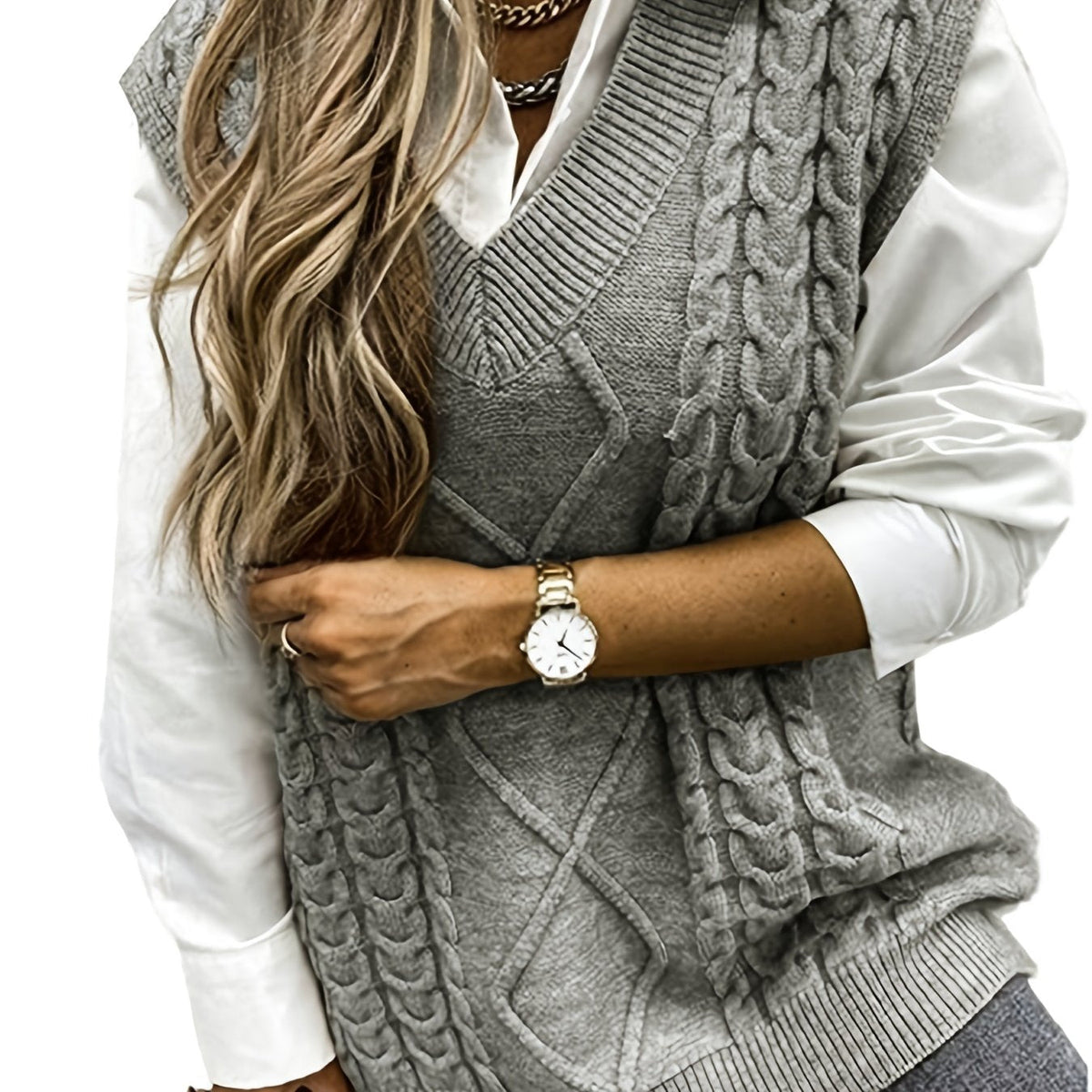 Cozy Cable Knit Sweater Vest for Women with V Neck and Oversized Fit