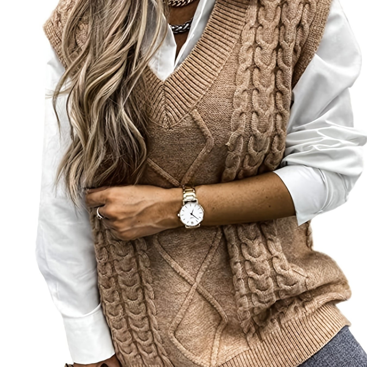 Cozy Cable Knit Sweater Vest for Women with V Neck and Oversized Fit