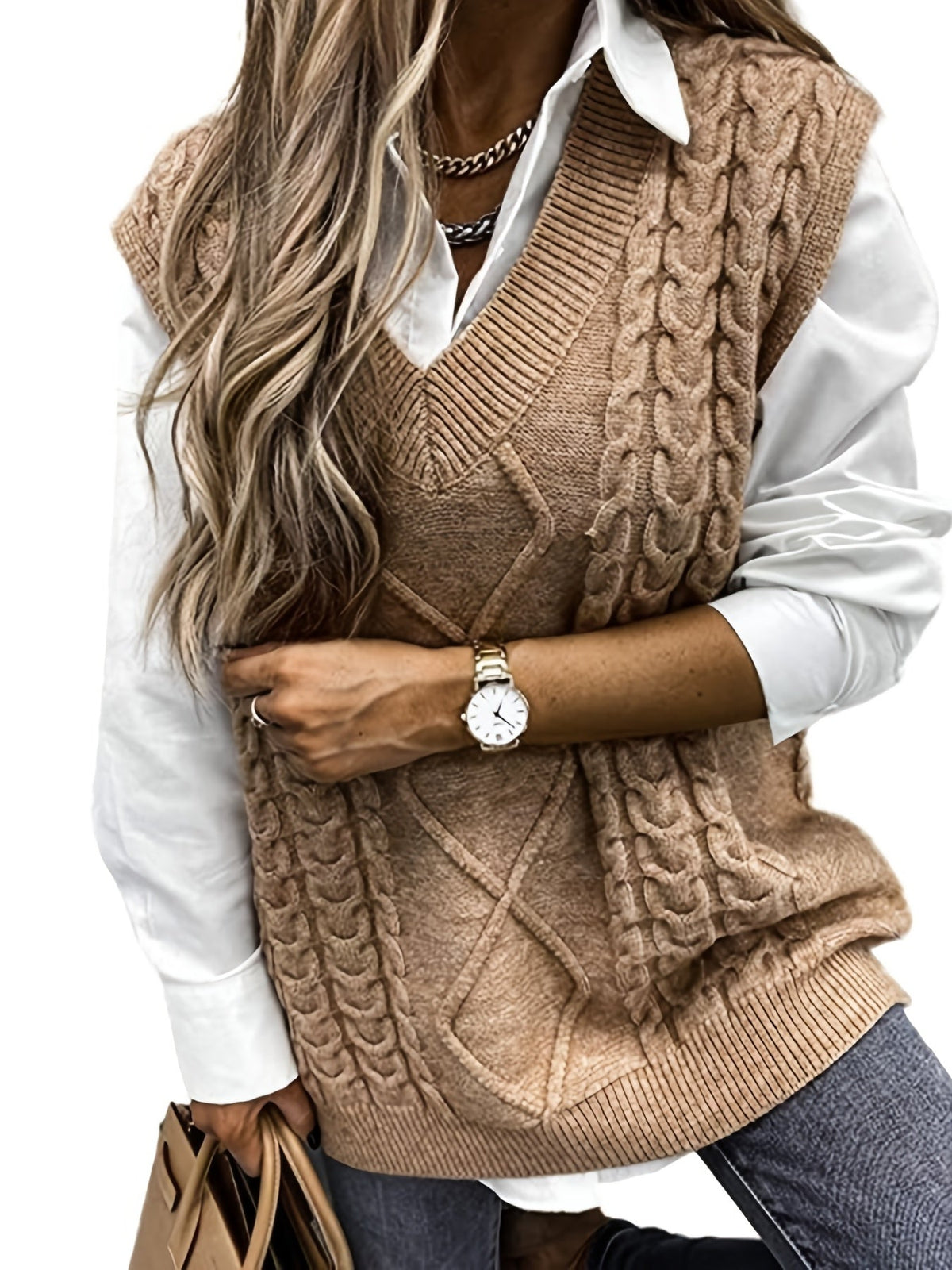 Cozy Cable Knit Sweater Vest for Women with V Neck Sleeveless Oversized Relaxed Style