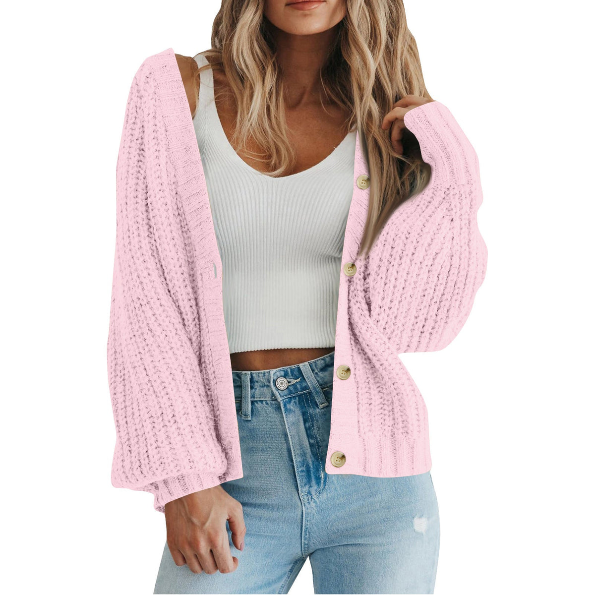 Cozy Chunky Knit Cardigan for Women with V Neck Long Sleeve Button Front Relaxed Style
