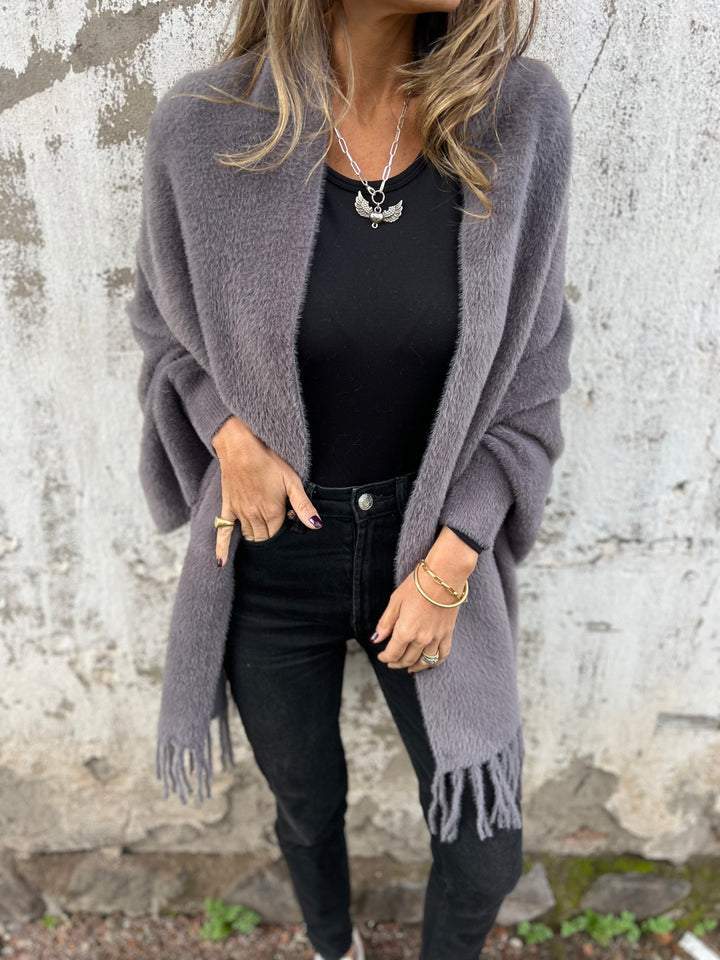 Cozy Fuzzy Knit Cardigan for Women with Open Front Long Sleeve Fringe Draped Relaxed Style