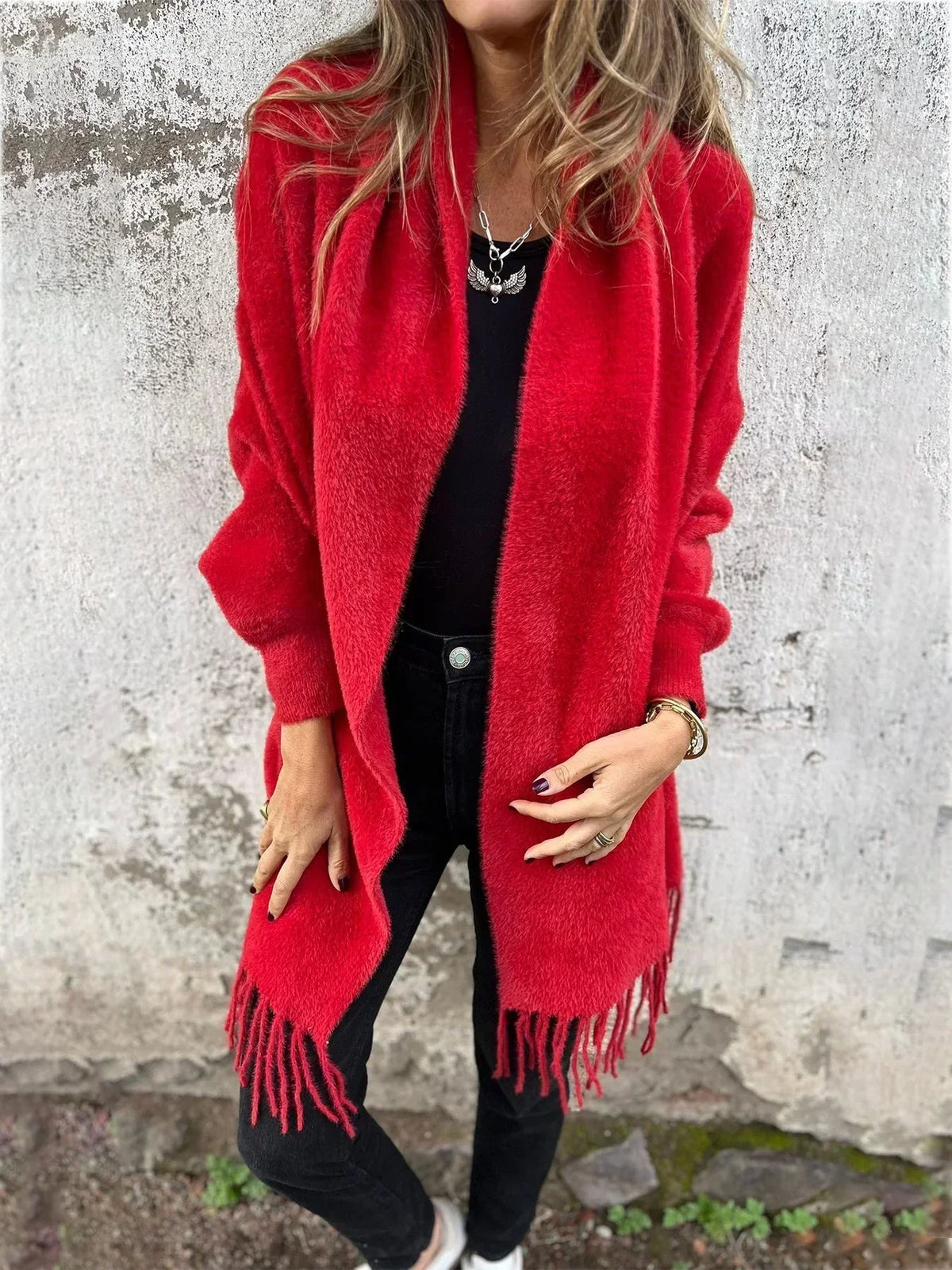 Cozy Fuzzy Knit Cardigan for Women with Open Front Long Sleeve Fringe Draped Relaxed Style