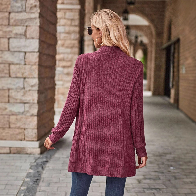 Cozy Knit Cardigan for Women with Open Front Long Sleeve Ribbed Pocket Relaxed Style