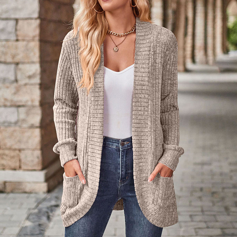Cozy Knit Cardigan for Women with Open Front Long Sleeve Ribbed Pocket Relaxed Style