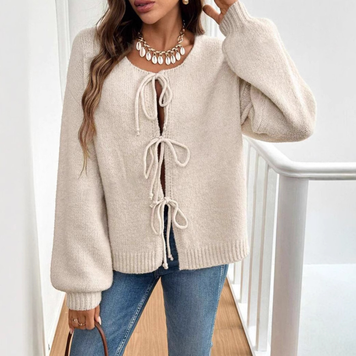 Cozy Knit Cardigan for Women with Round Neck, Long Sleeve Tie Front, Relaxed Style