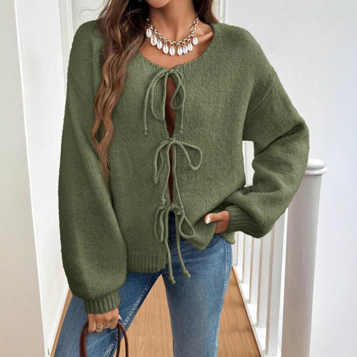 Cozy Knit Cardigan for Women with Round Neck, Long Sleeve Tie Front, Relaxed Style