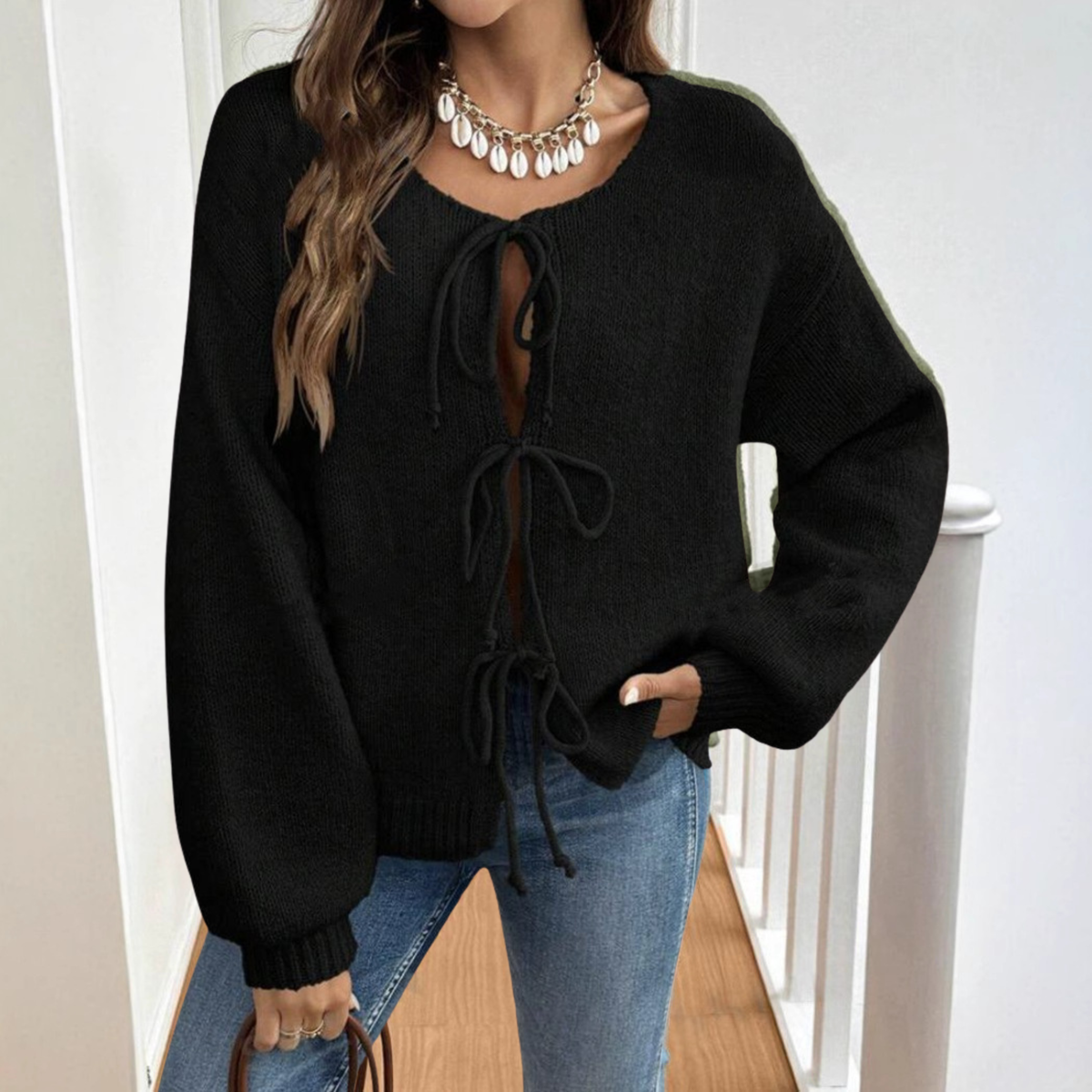 Cozy Knit Cardigan for Women with Round Neck, Long Sleeve Tie Front, Relaxed Style