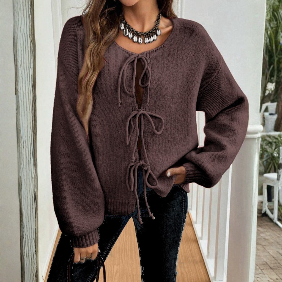Cozy Knit Cardigan for Women with Round Neck, Long Sleeve Tie Front, Relaxed Style
