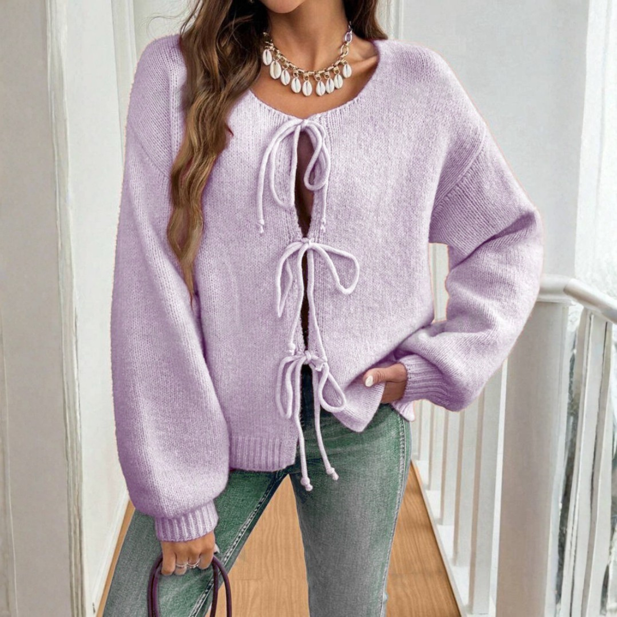 Cozy Knit Cardigan for Women with Round Neck, Long Sleeve Tie Front, Relaxed Style