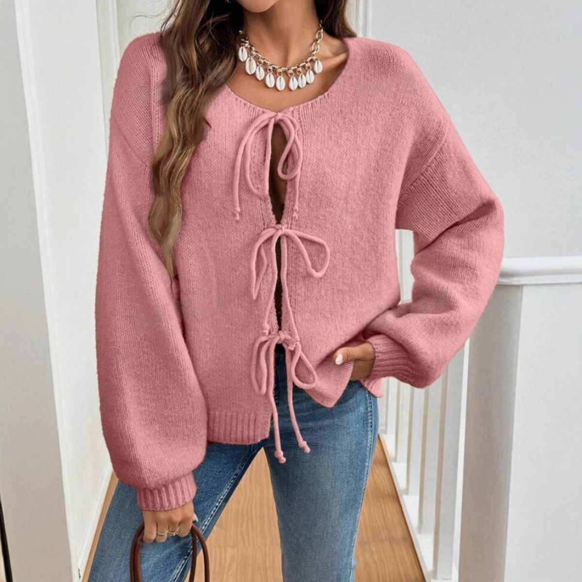 Cozy Knit Cardigan for Women with Round Neck, Long Sleeve Tie Front, Relaxed Style