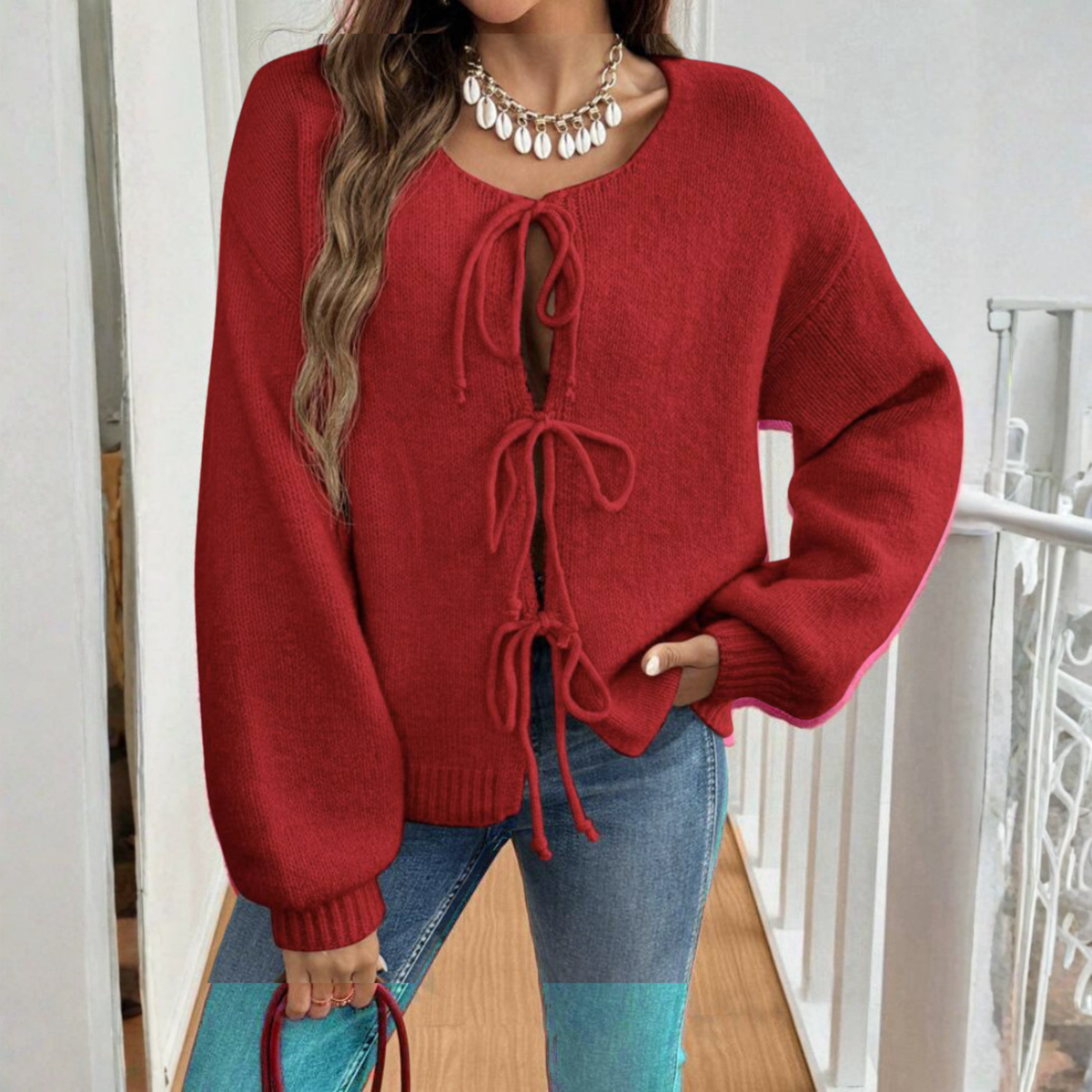 Cozy Knit Cardigan for Women with Round Neck, Long Sleeve Tie Front, Relaxed Style