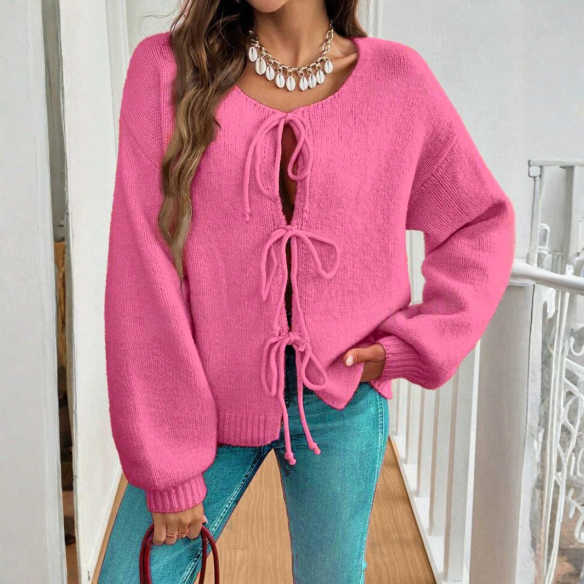 Cozy Knit Cardigan for Women with Round Neck, Long Sleeve Tie Front, Relaxed Style