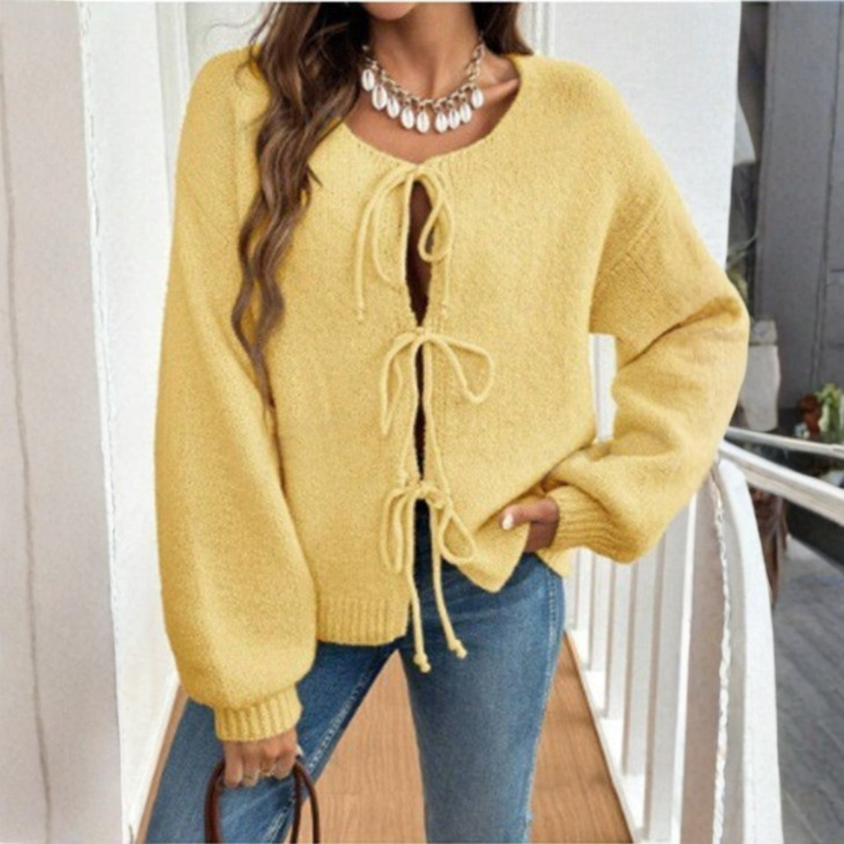 Cozy Knit Cardigan for Women with Round Neck, Long Sleeve Tie Front, Relaxed Style