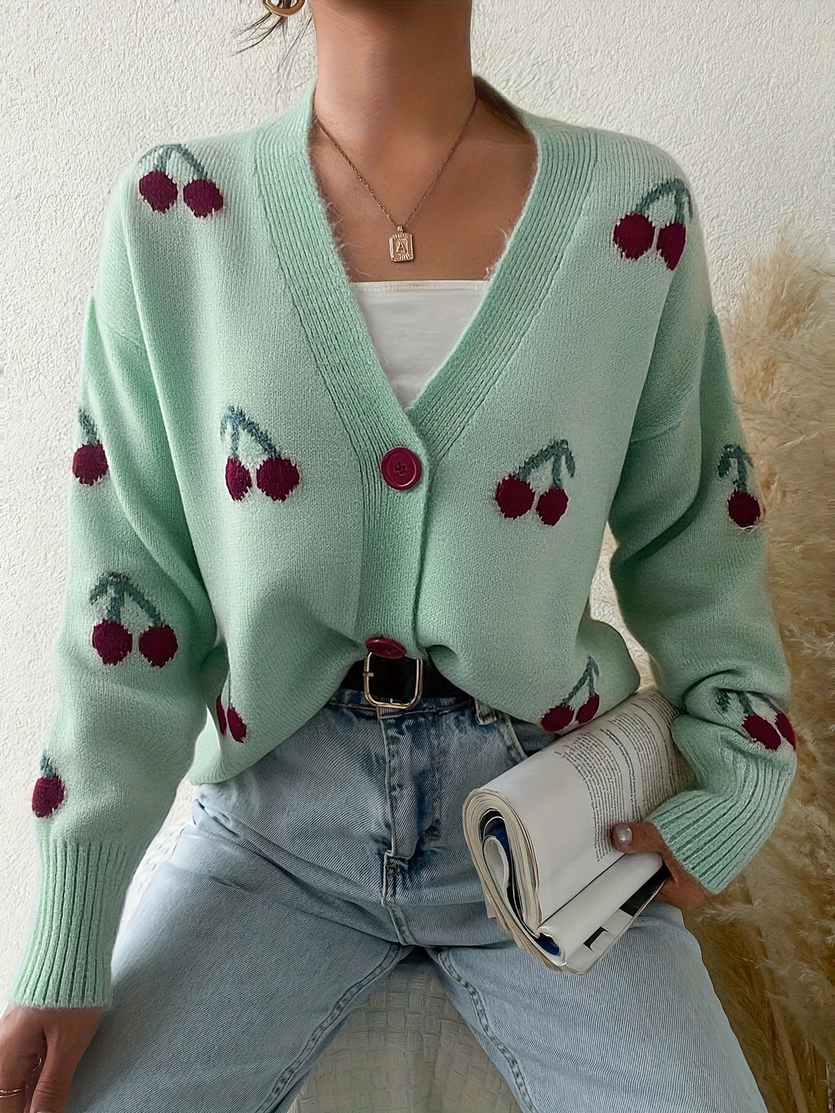 Cozy Knit Cardigan for Women with V Neck Long Sleeve Cherry Print Button Front Style