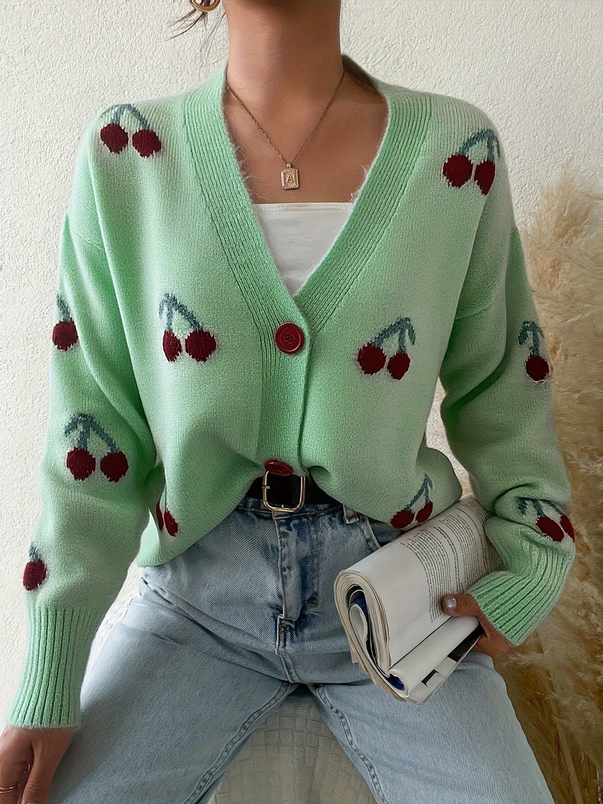 Cozy Knit Cardigan for Women with V Neck Long Sleeve Cherry Print Button Front Style