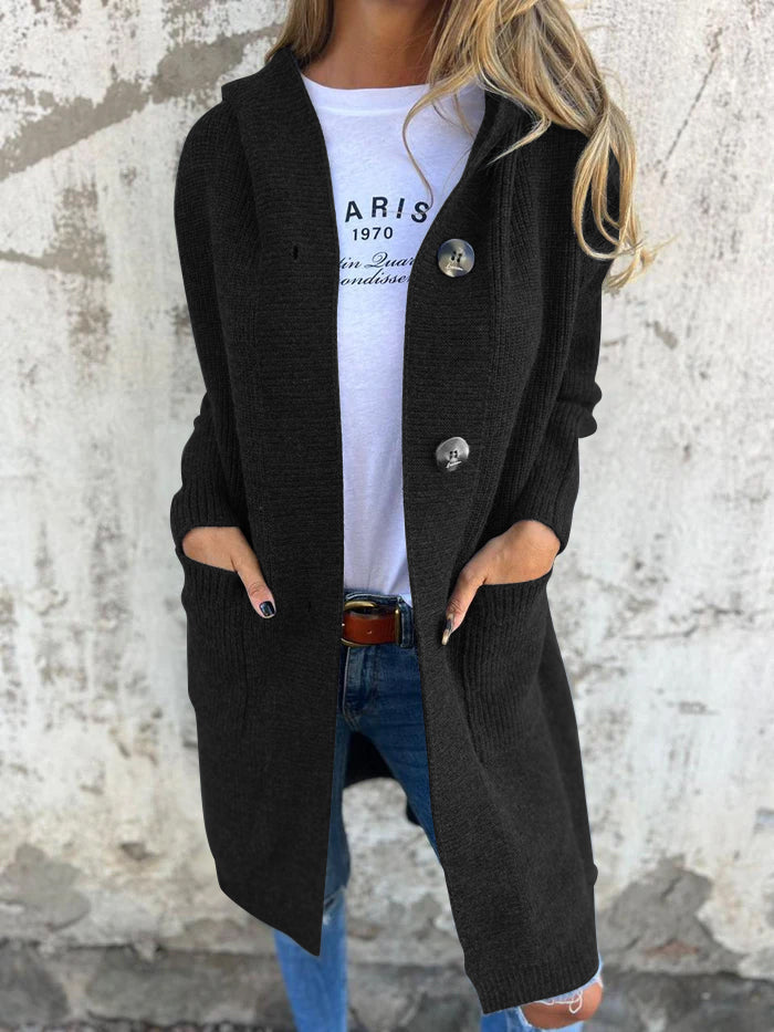 Cozy Long Knit Cardigan for Women with Hooded Neck Long Sleeve Button Front Duster Style