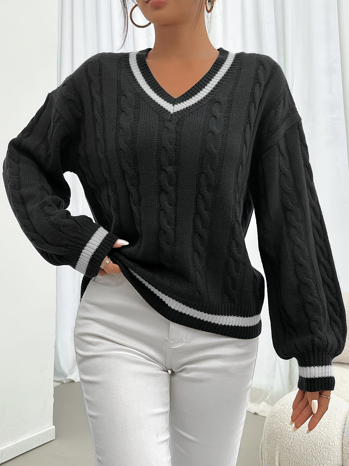 Delphine | Women's Cable-Knit V-Neck Sweater