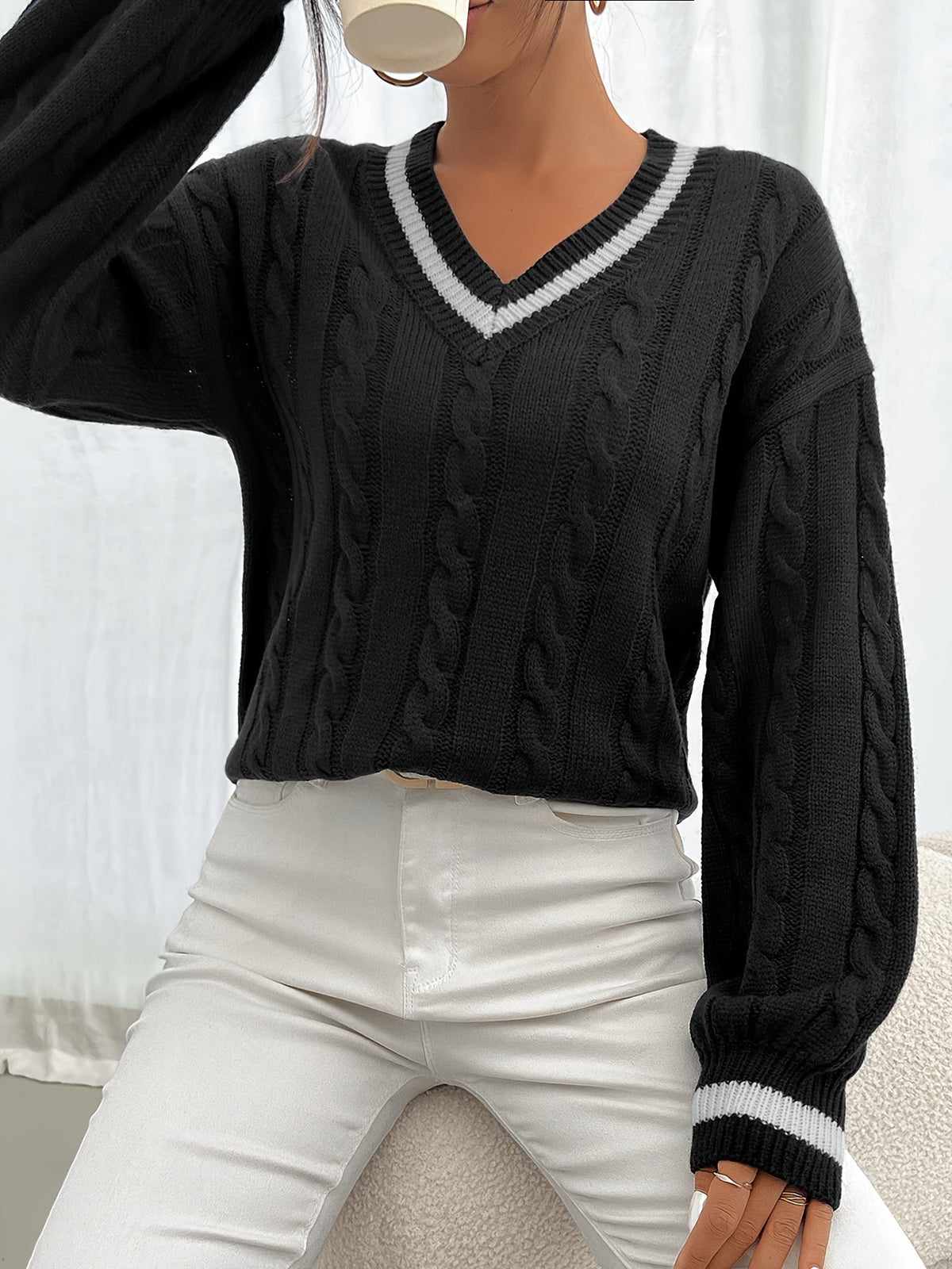 Delphine | Women's Cable-Knit V-Neck Sweater