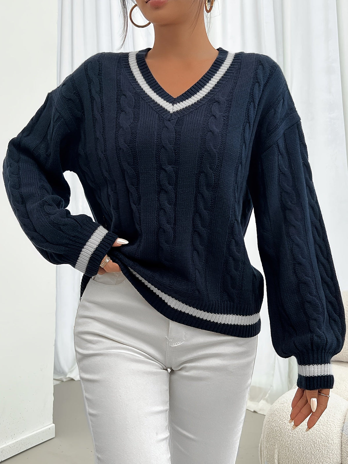 Delphine | Women's Cable-Knit V-Neck Sweater