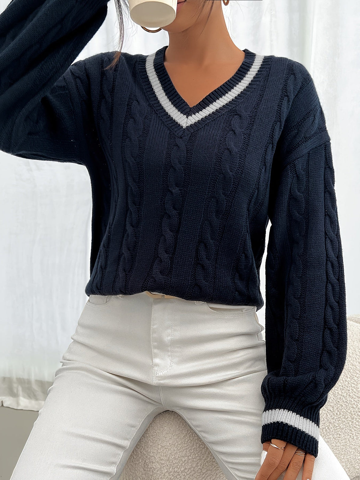 Delphine | Women's Cable-Knit V-Neck Sweater