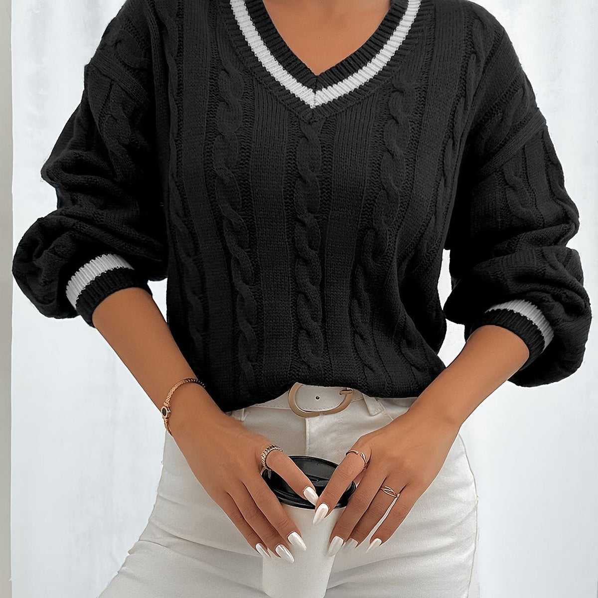 Delphine | Women's Cable-Knit V-Neck Sweater