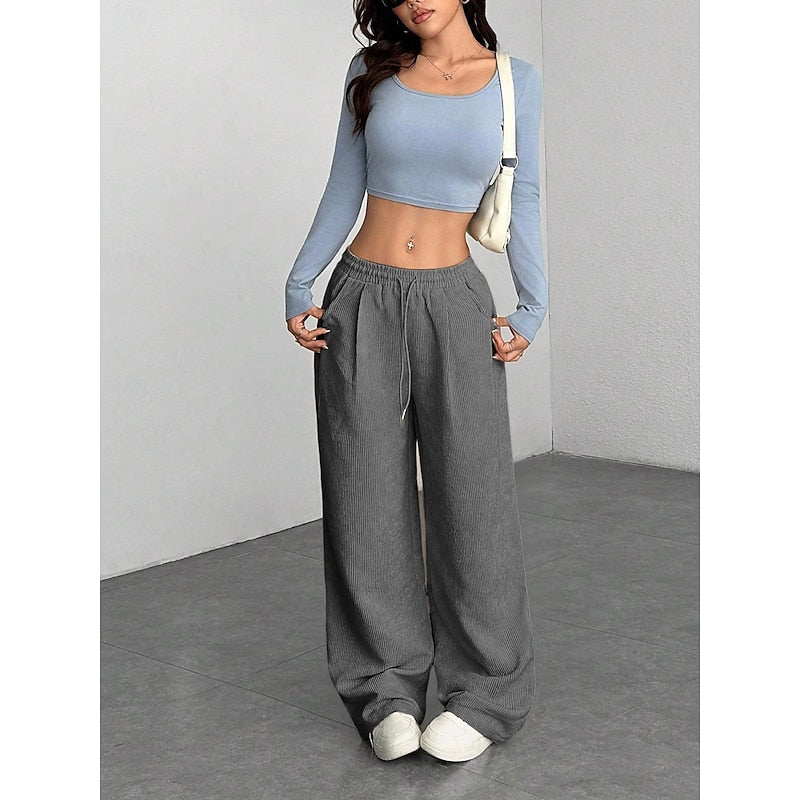 Delphine | Women's Corduroy Wide-Leg Pants with Drawstring Waist