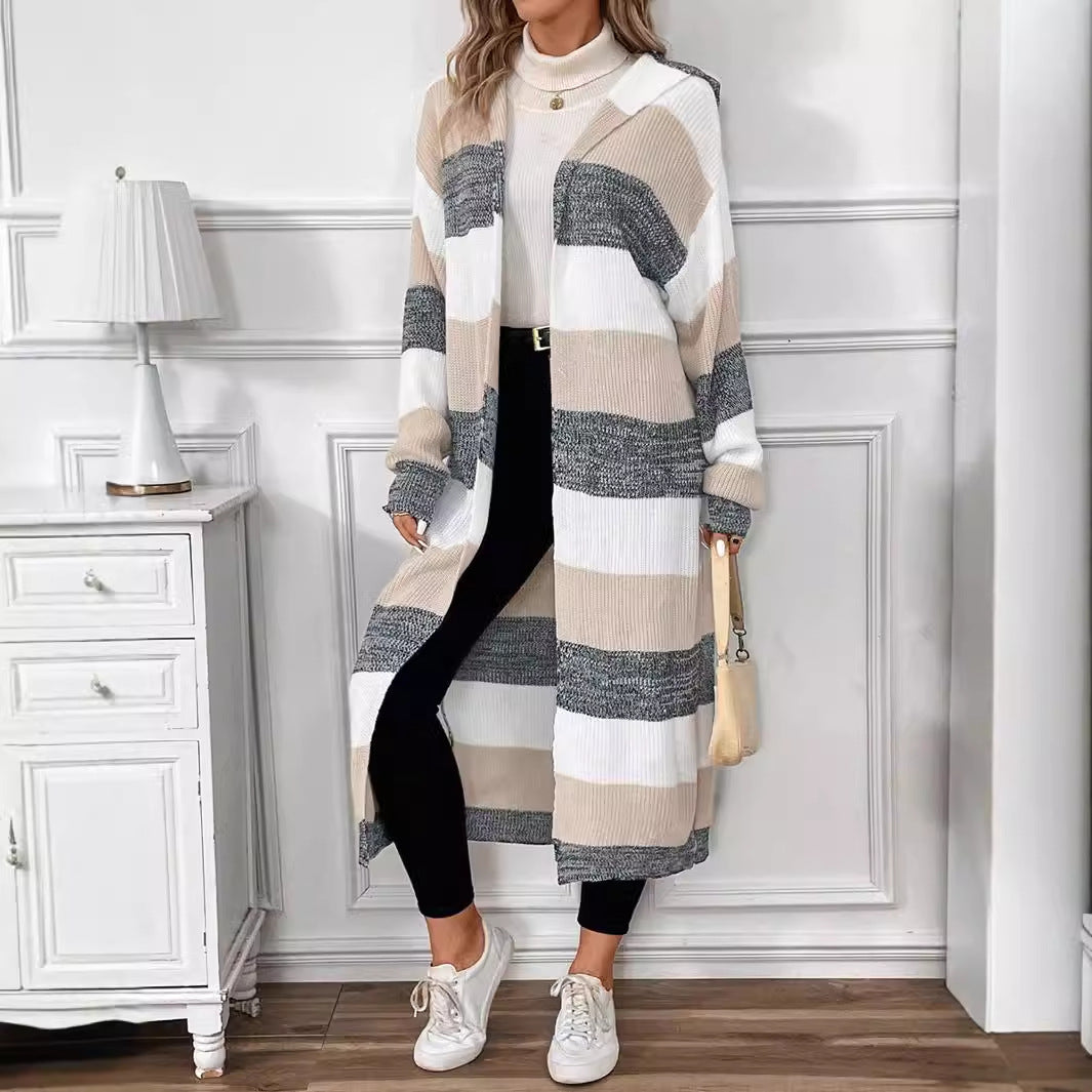 Delphine | Women's Striped Hooded Long Cardigan