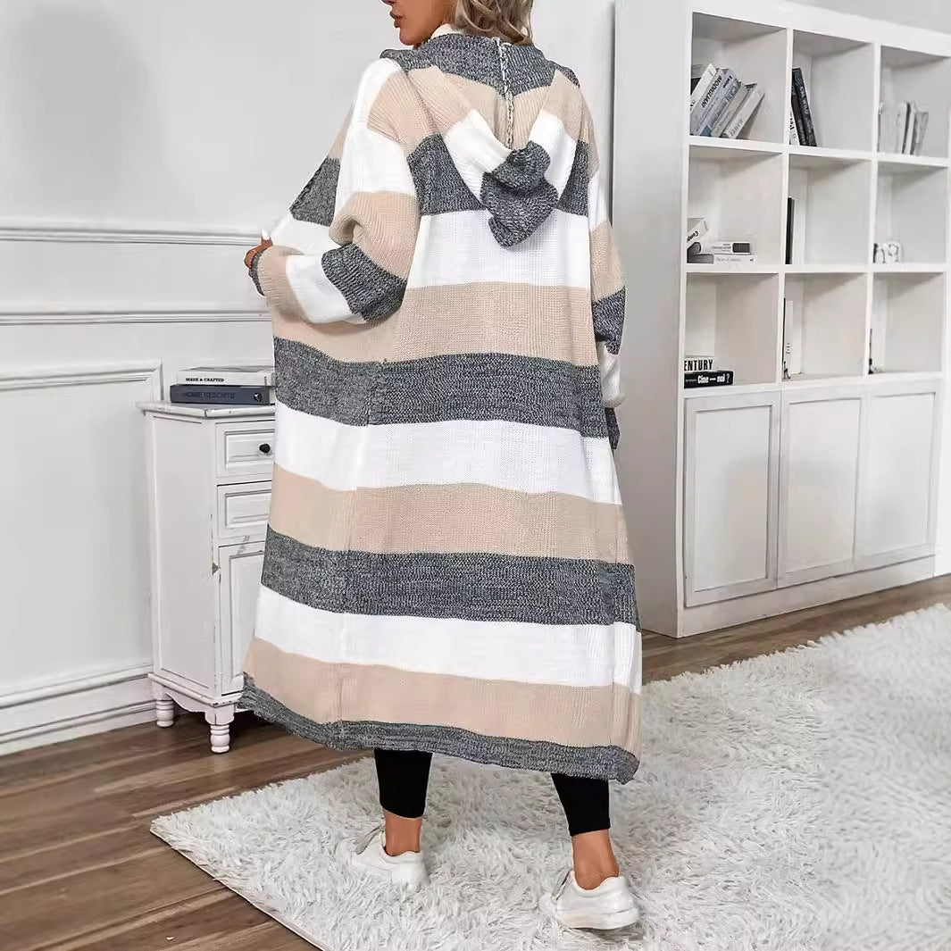 Delphine | Women's Striped Hooded Long Cardigan