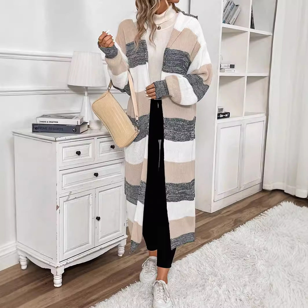 Delphine | Women's Striped Hooded Long Cardigan