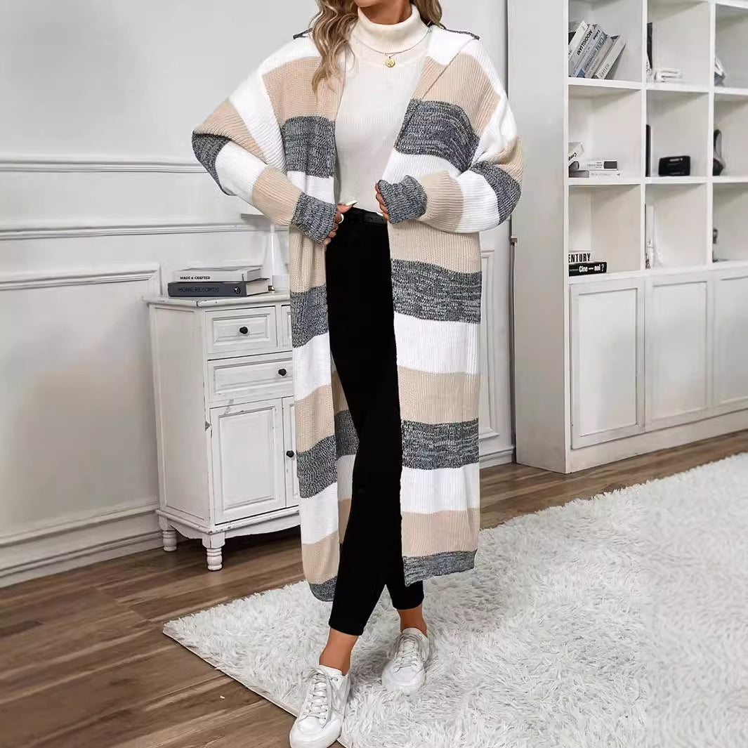 Delphine | Women's Striped Hooded Long Cardigan