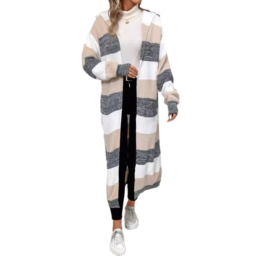 Delphine | Women's Striped Hooded Long Cardigan
