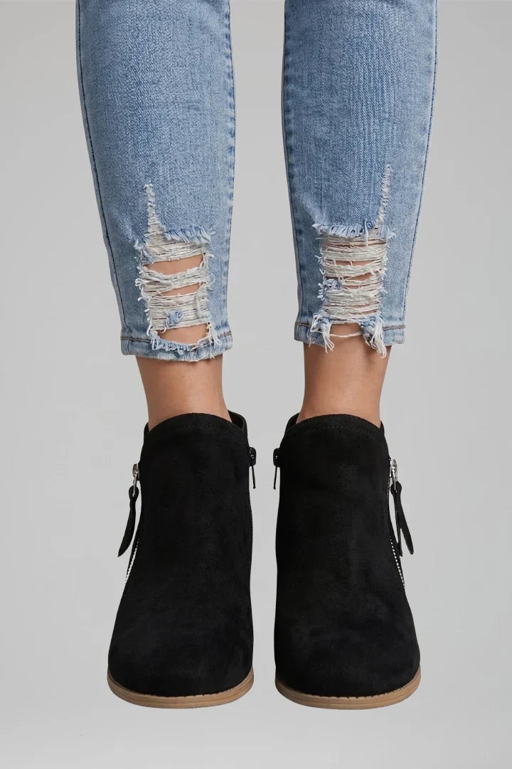 Effortless Booties for Women with Round Toe Side Zip Block Heel Suede Ankle Style