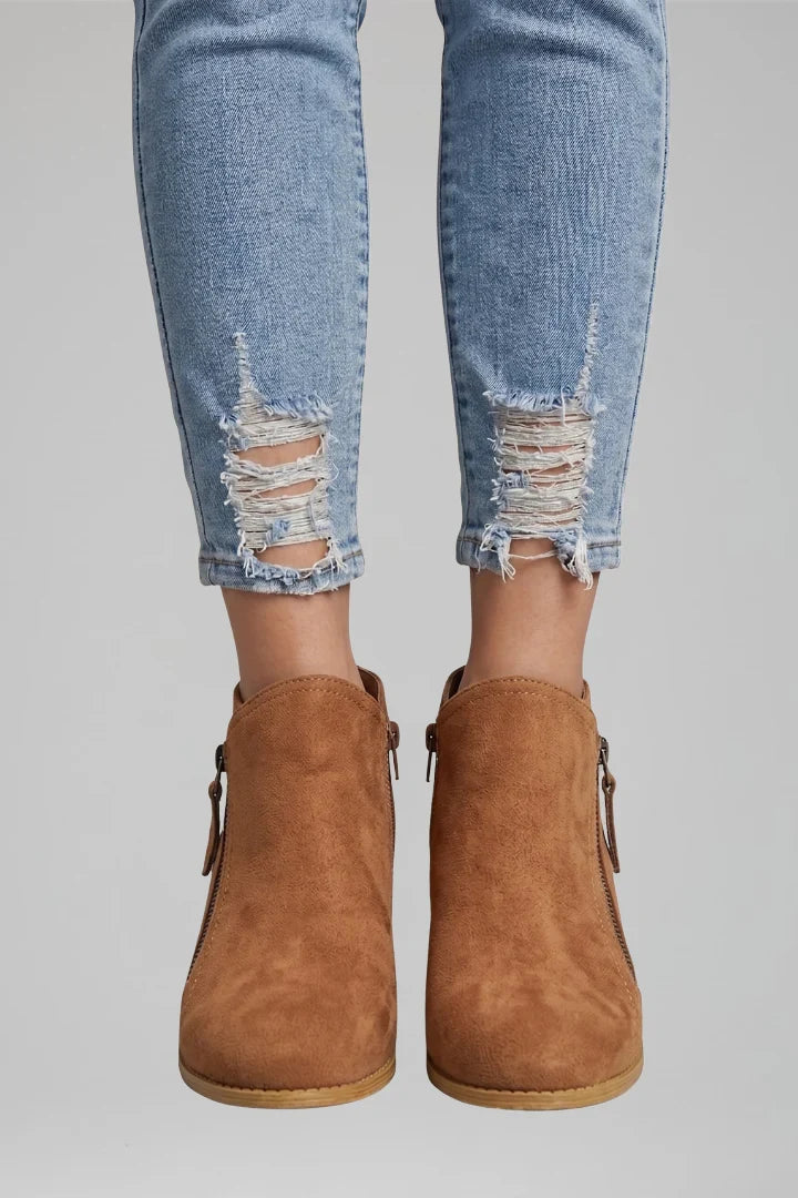 Effortless Booties for Women with Round Toe Side Zip Block Heel Suede Ankle Style
