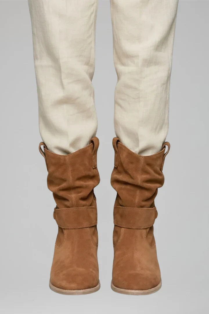 Effortless Wide Calf Boots for Women with Slouchy Suede Mid Calf Low Block Heel Style