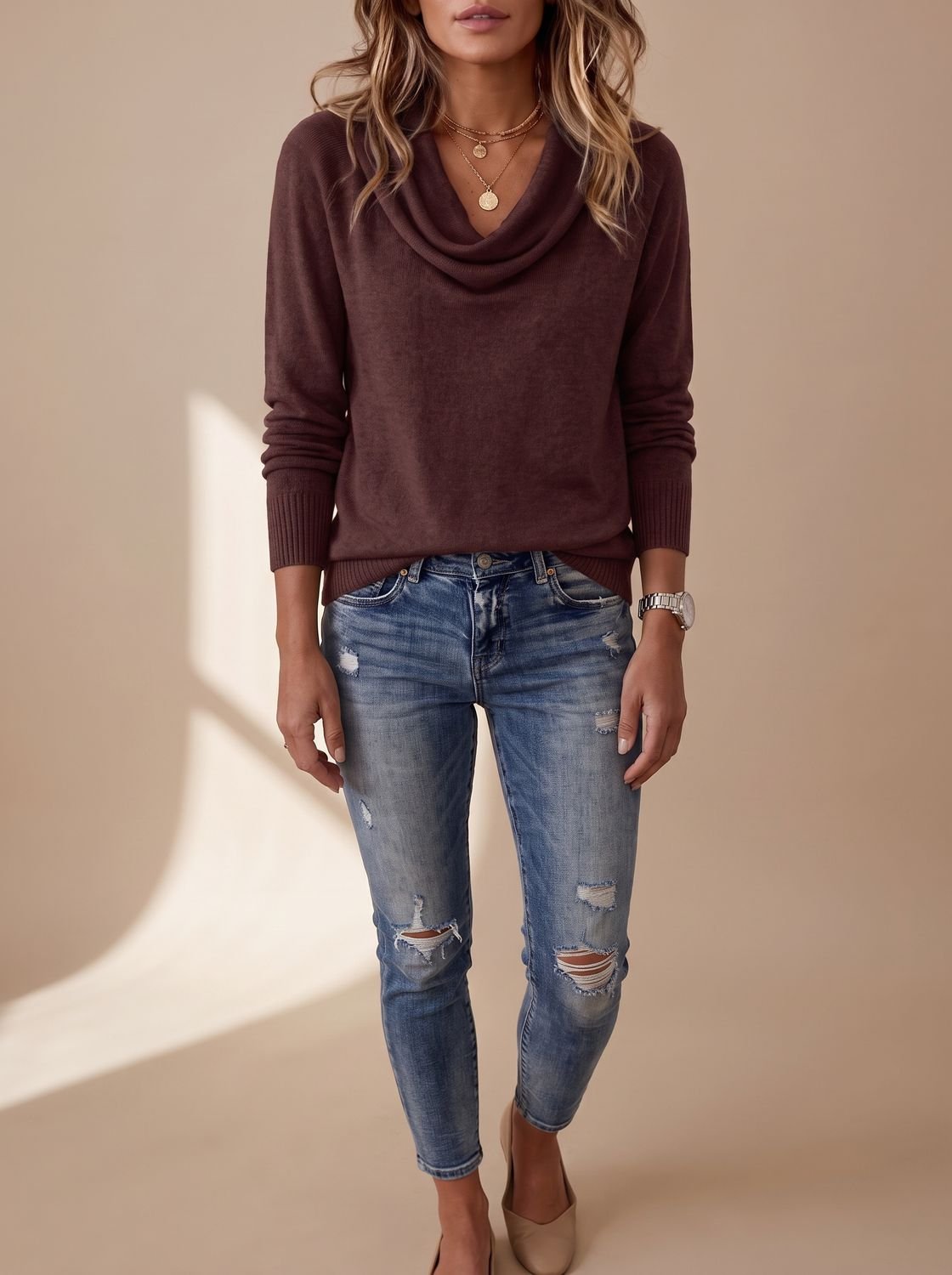 Eleanor | Women's Cowl Neck Long Sleeve Knit Pullover Sweater