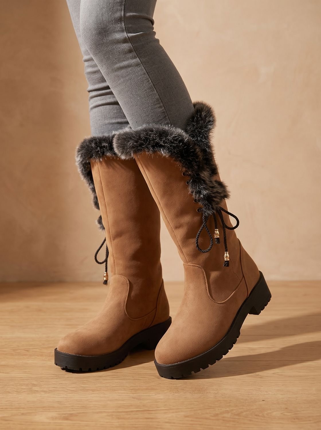 Eleanor | Women's Faux-Fur Trimmed Knee-High Block Heel Snow Boots