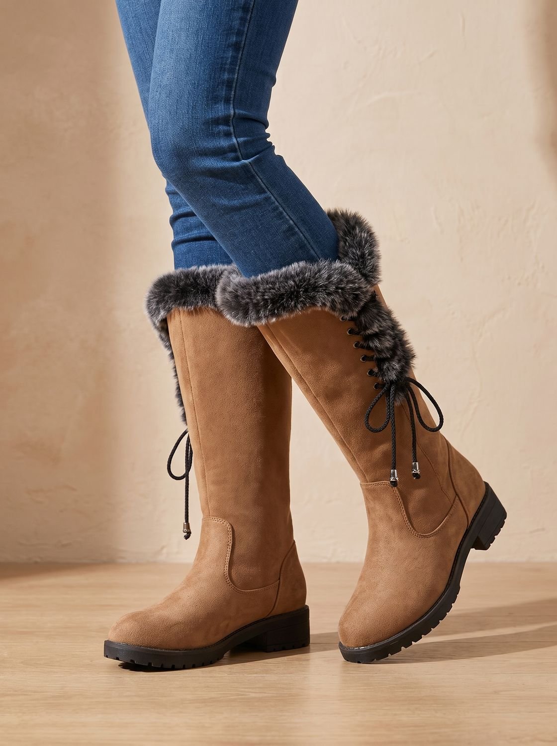 Eleanor | Women's Faux-Fur Trimmed Knee-High Block Heel Snow Boots