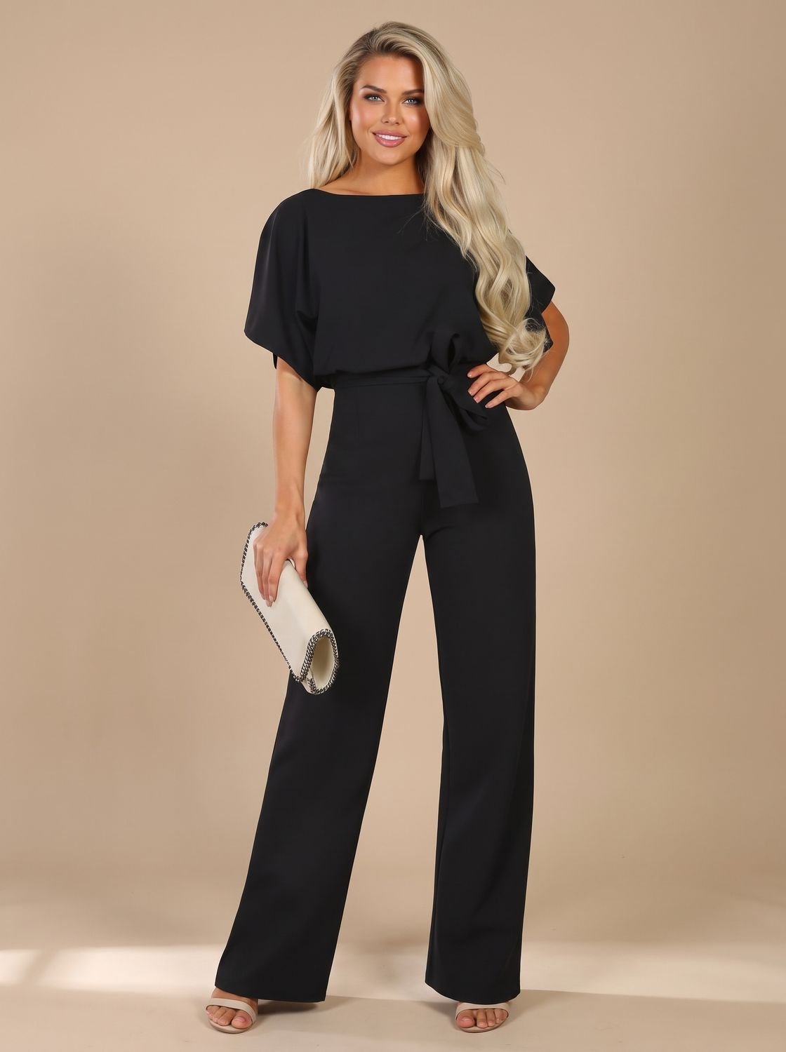 Eleanor | Women's Tie-Belt Wide-Leg Short-Sleeve Jumpsuit