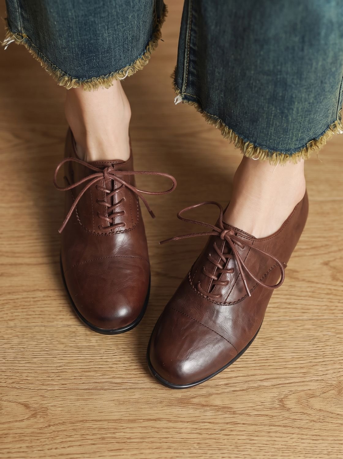 Emma | Women's Leather Lace-Up Cap Toe Oxford Flat Shoes