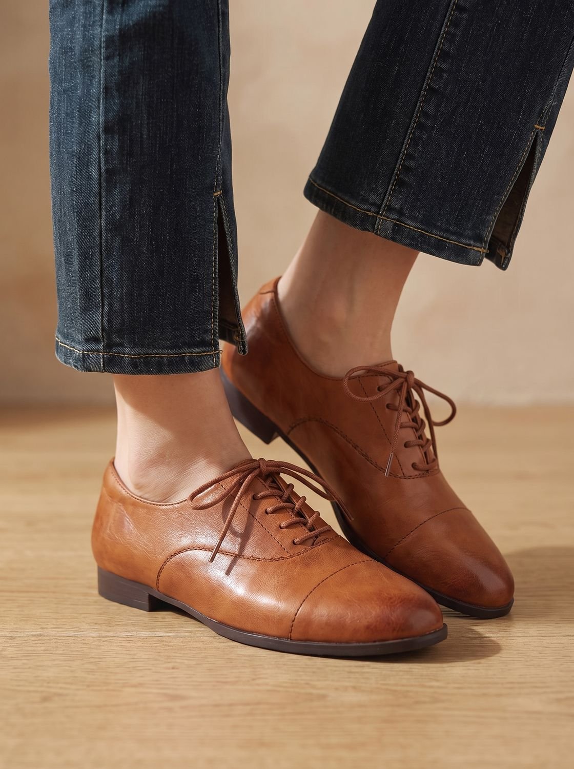 Emma | Women's Leather Lace-Up Cap Toe Oxford Flat Shoes