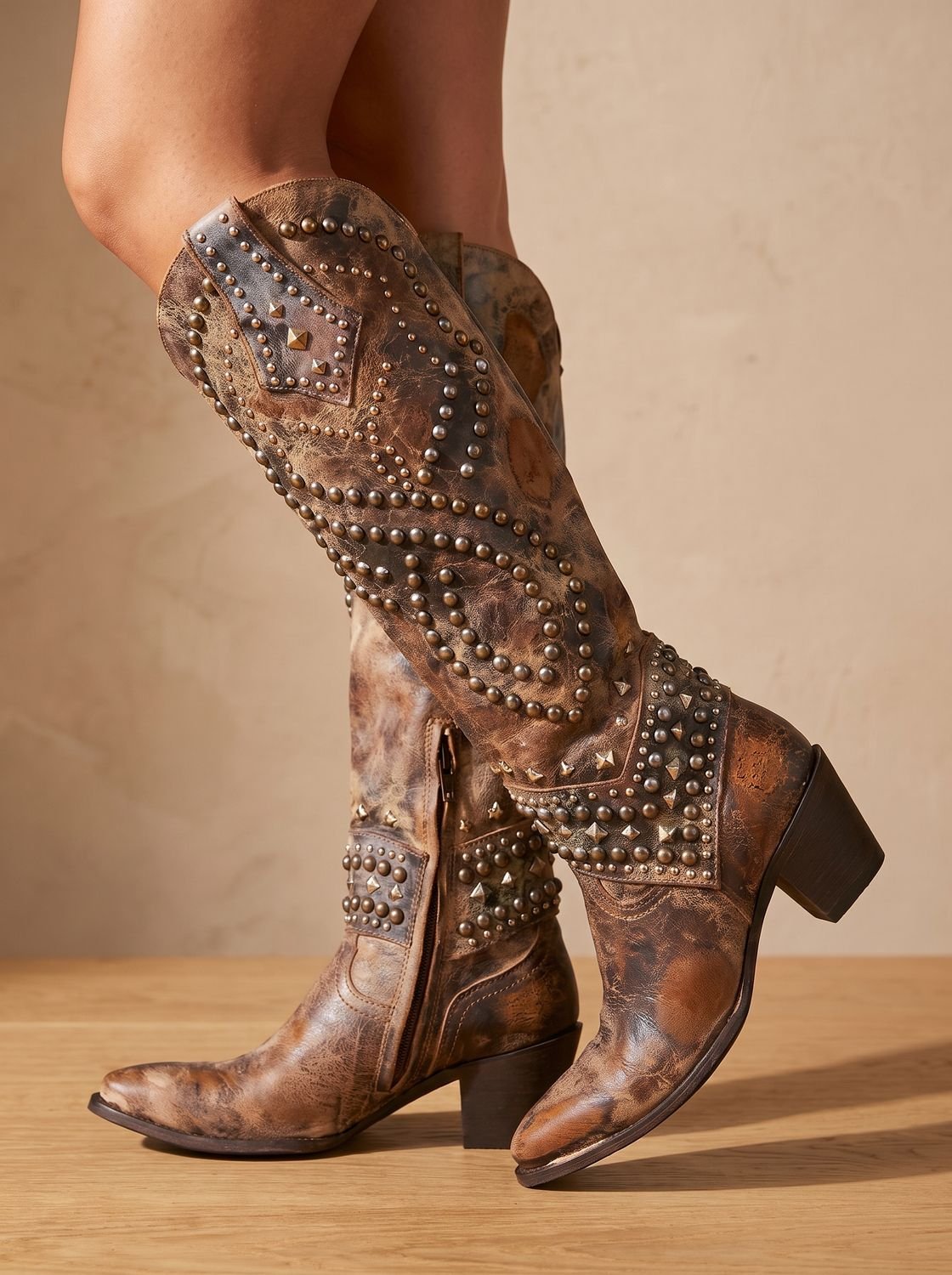 Emma | Women's Studded Knee-High Orthopedic Cowboy Boots Pointed Toe