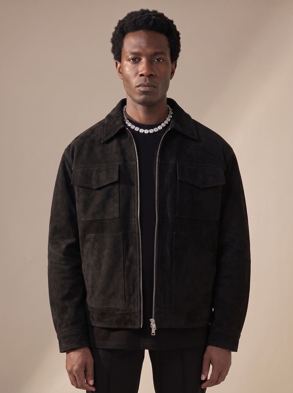 Ethan | Men's Suede Full-Zip Trucker Jacket Shirt Collar