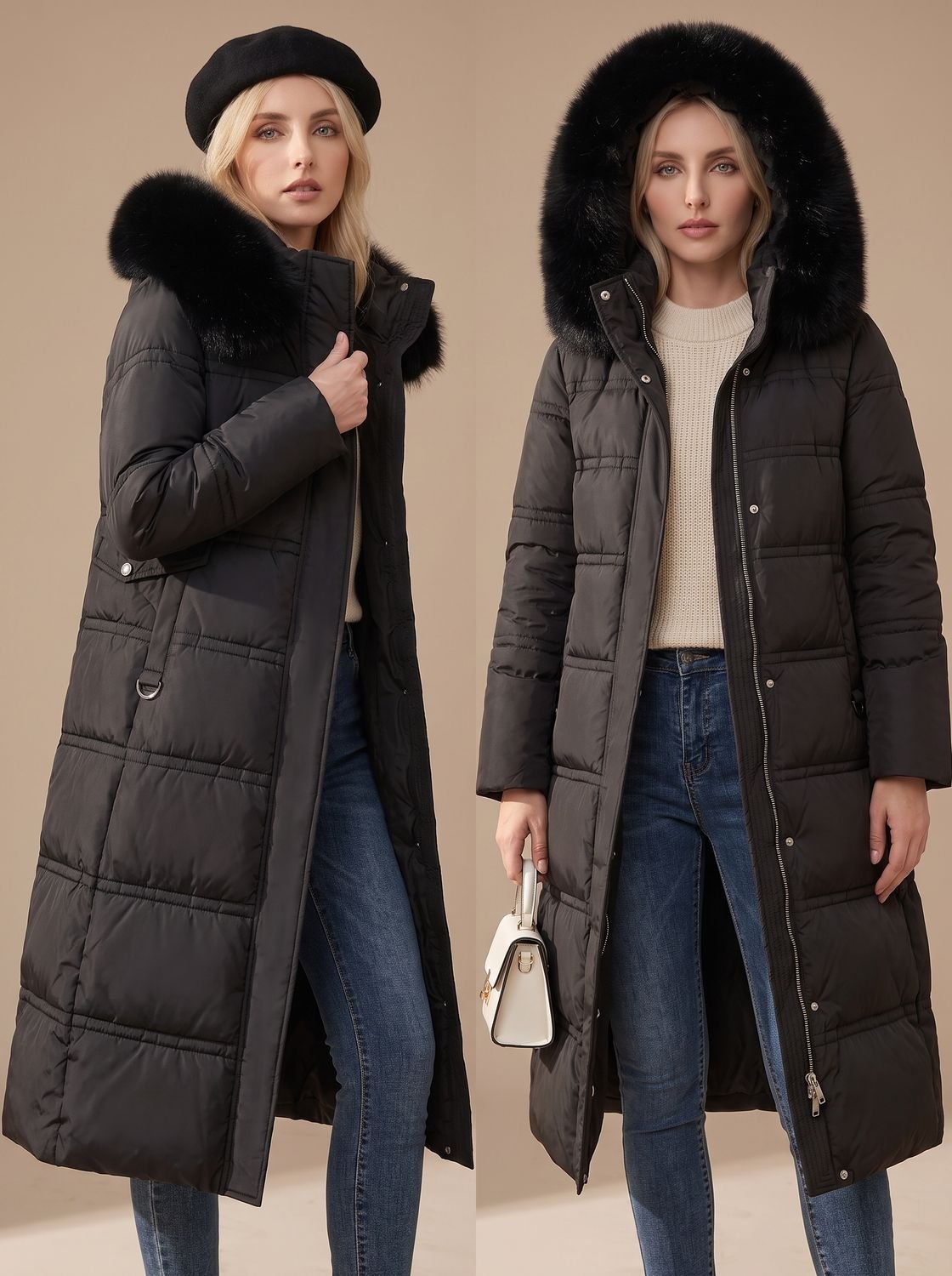 Evelyn | Women's Luxury Long Puffer Parka Fur-Hood Winter Coat
