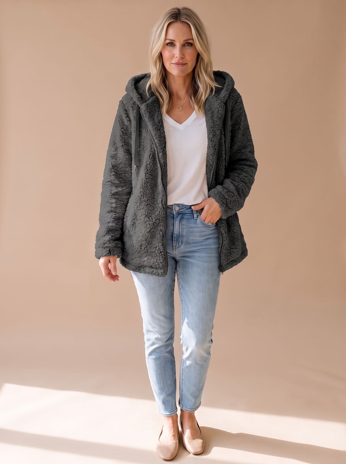 Evelyn | Women's Oversized Hooded Teddy Fleece Zip-Up Coat